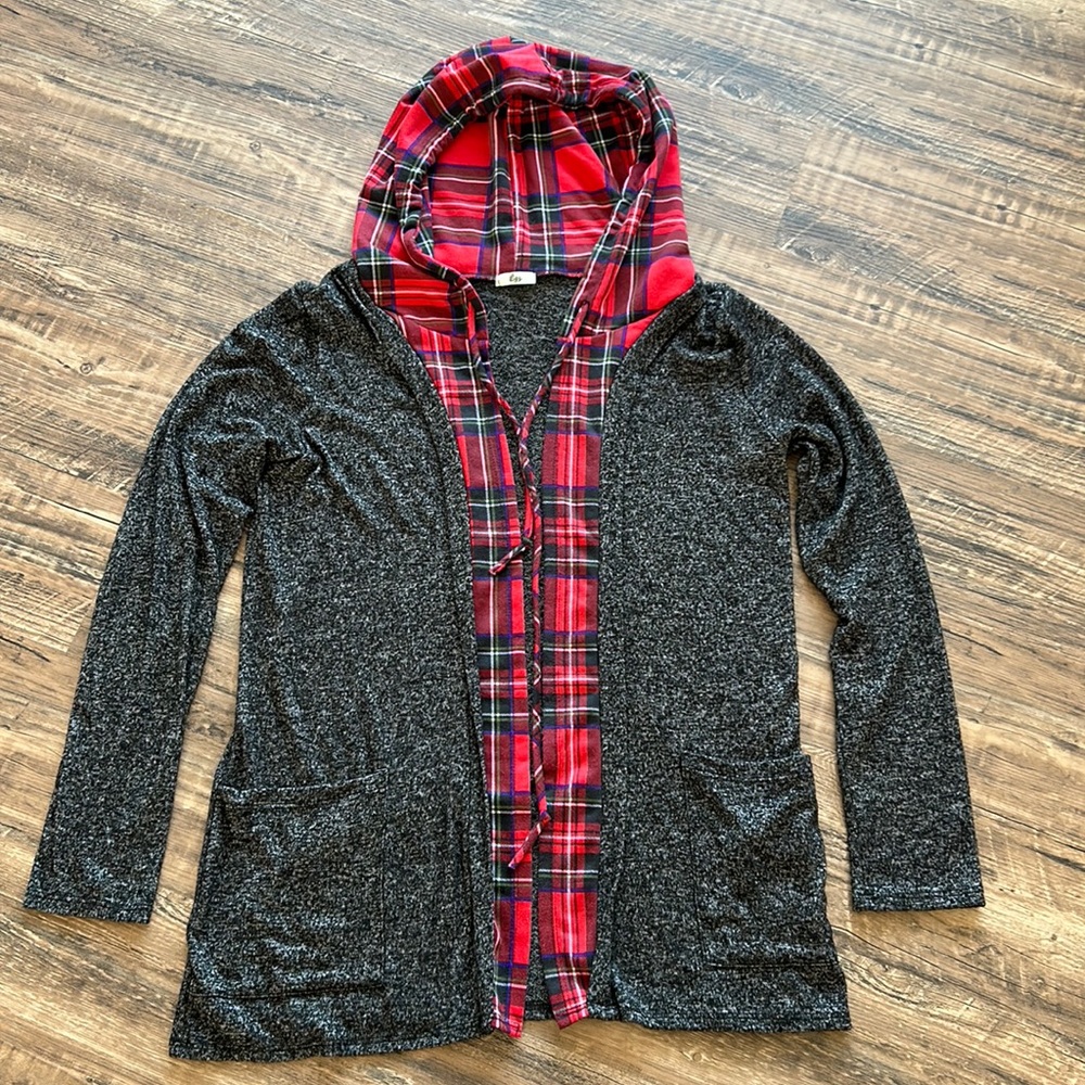Egs brand grey open front cardigan with drawstring red plaid hood